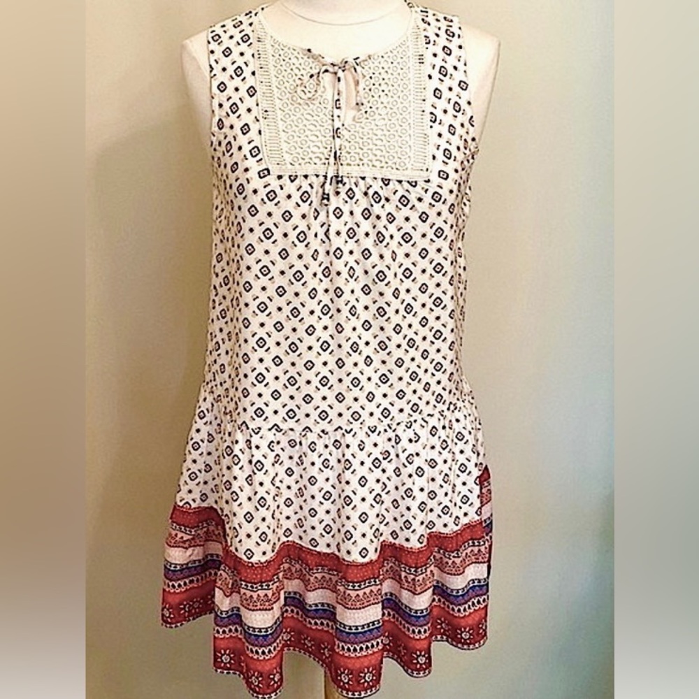 Lily Rose Red Cream Crochet Geometric S Cottagecore Shabby Chic Boho Mini Dress